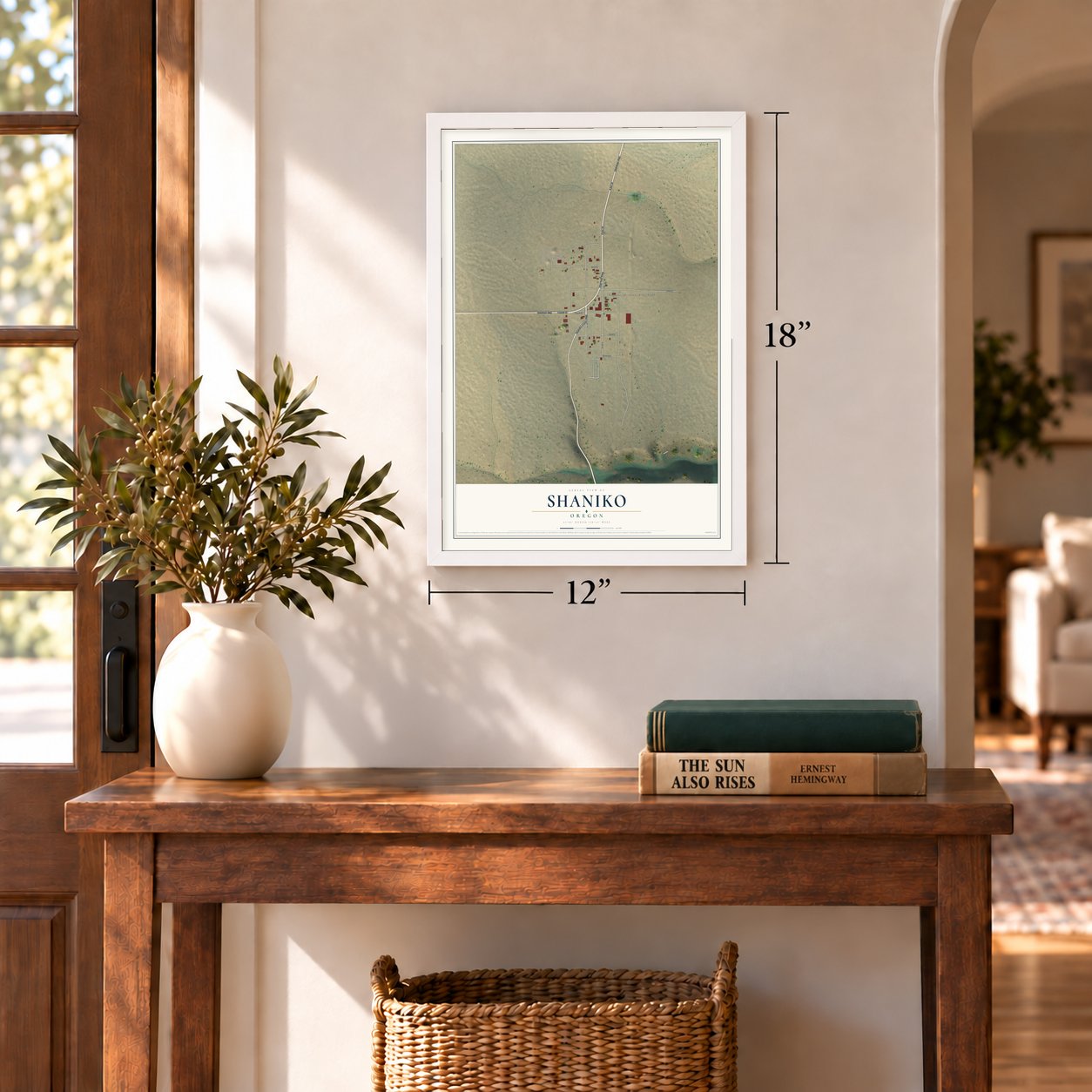 Shaniko, Oregon map, 12 x 18 inch print in a white frame in an entryway