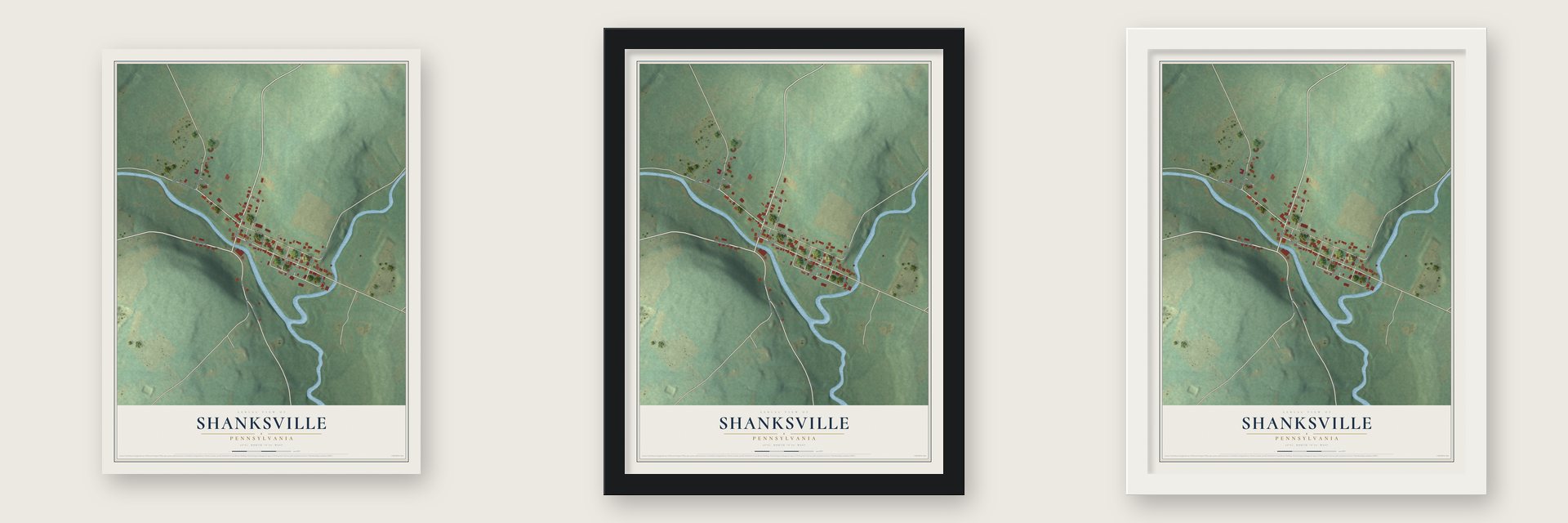 Shanksville, Pennsylvania map unframed, in a black wood frame and in a white wood frame