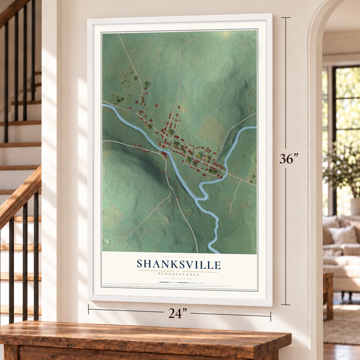 Shanksville, Pennsylvania map, 24 x 36 inch print in a white frame by a staircase