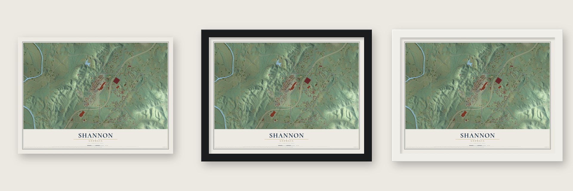 Shannon, Georgia map unframed, in a black wood frame and in a white wood frame