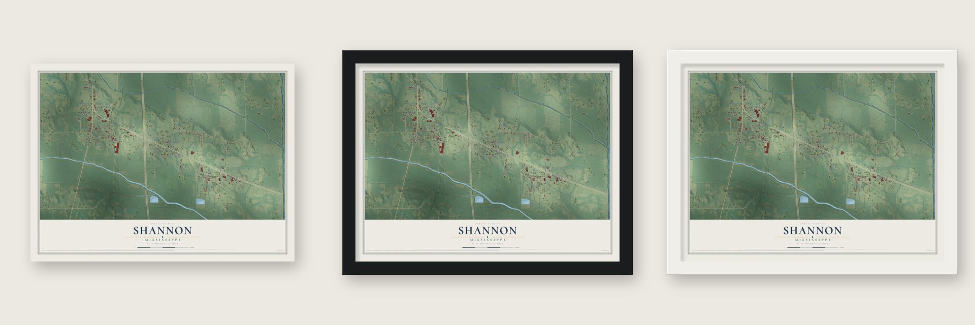 Shannon, Mississippi map unframed, in a black wood frame and in a white wood frame