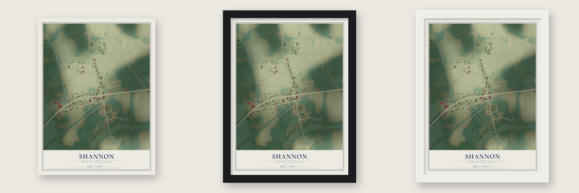 Shannon, North Carolina map unframed, in a black wood frame and in a white wood frame