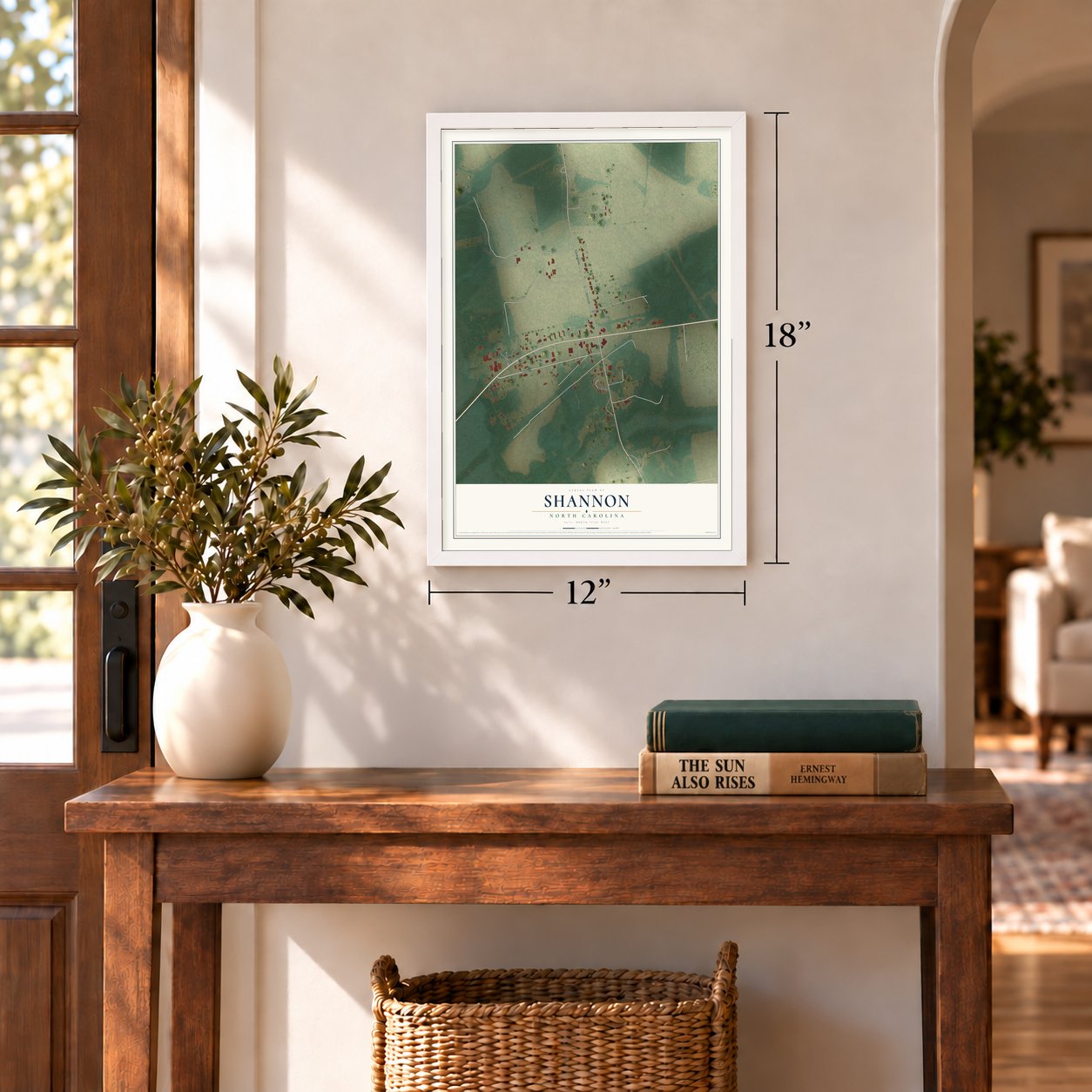 Shannon, North Carolina map, 12 x 18 inch print in a white frame in an entryway