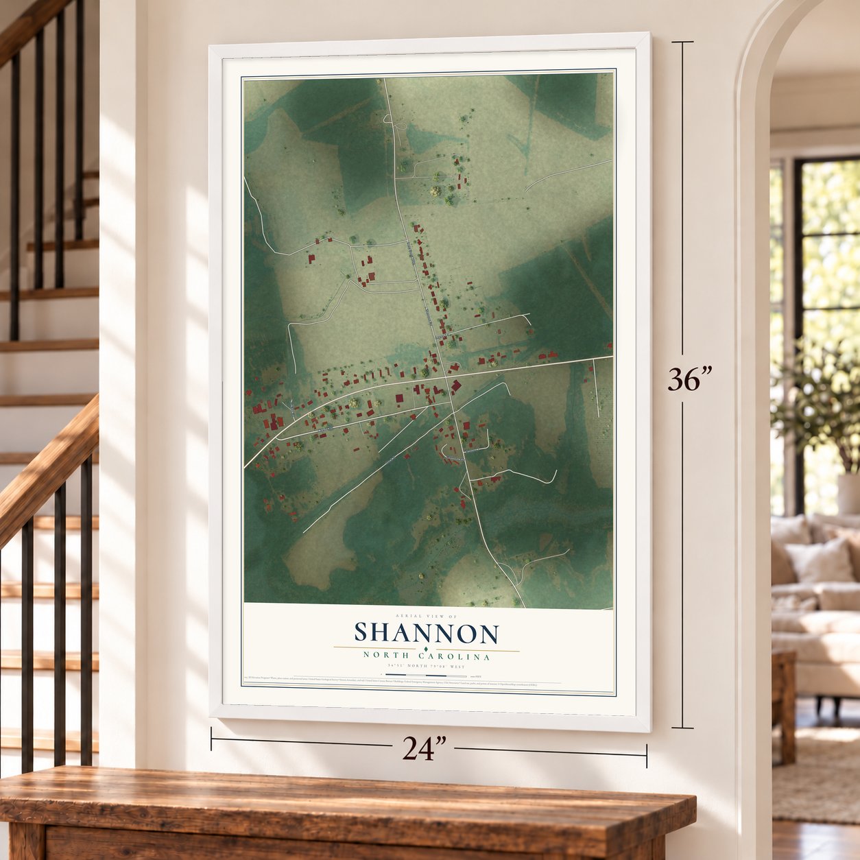 Shannon, North Carolina map, 24 x 36 inch print in a white frame by a staircase