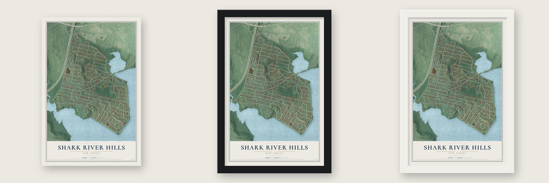 Shark River Hills, New Jersey map unframed, in a black wood frame and in a white wood frame