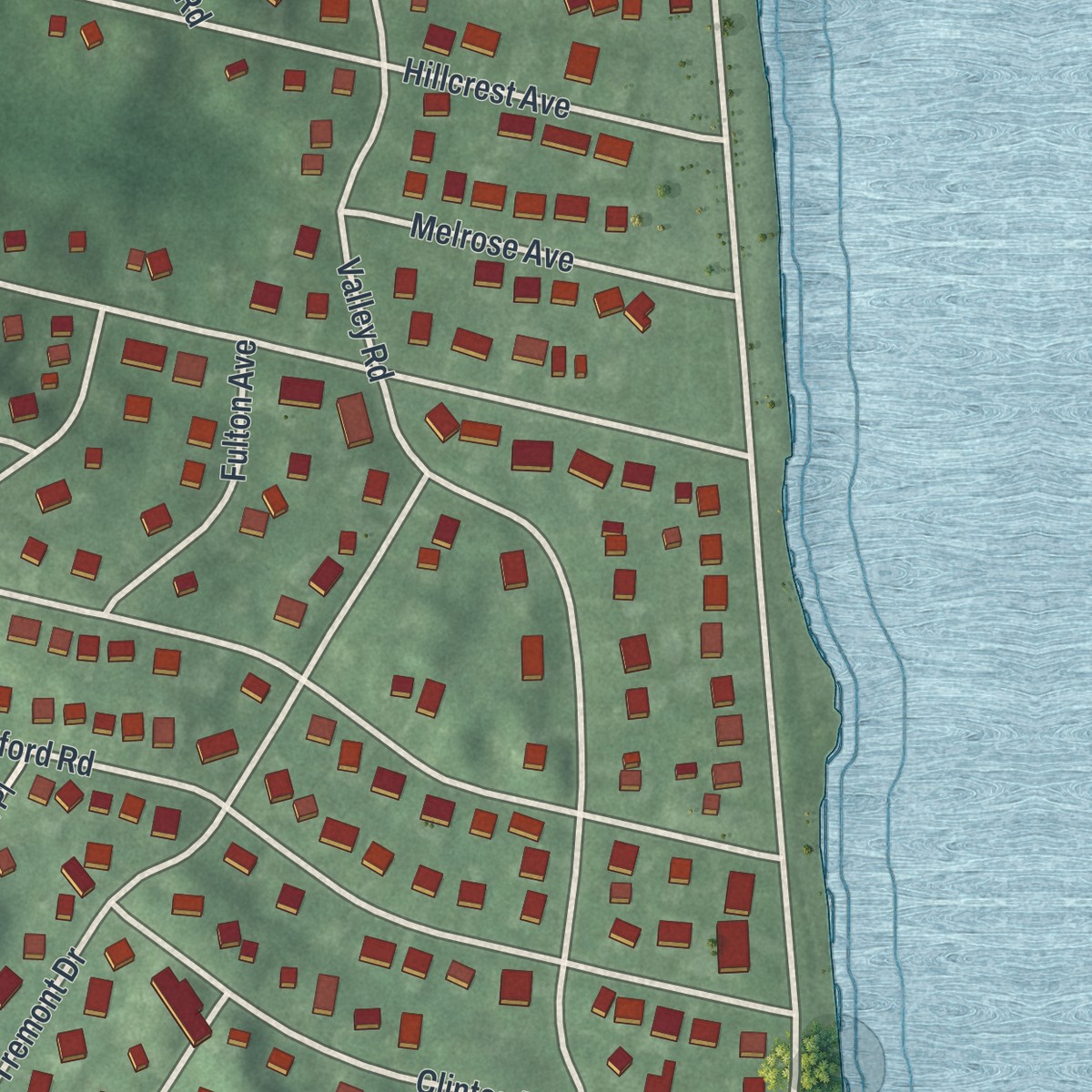 Second close-up of the map of Shark River Hills, New Jersey print showing more streets and buildings