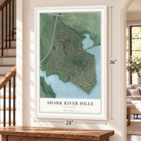 Shark River Hills, New Jersey map, 24 x 36 inch print in a white frame by a staircase
