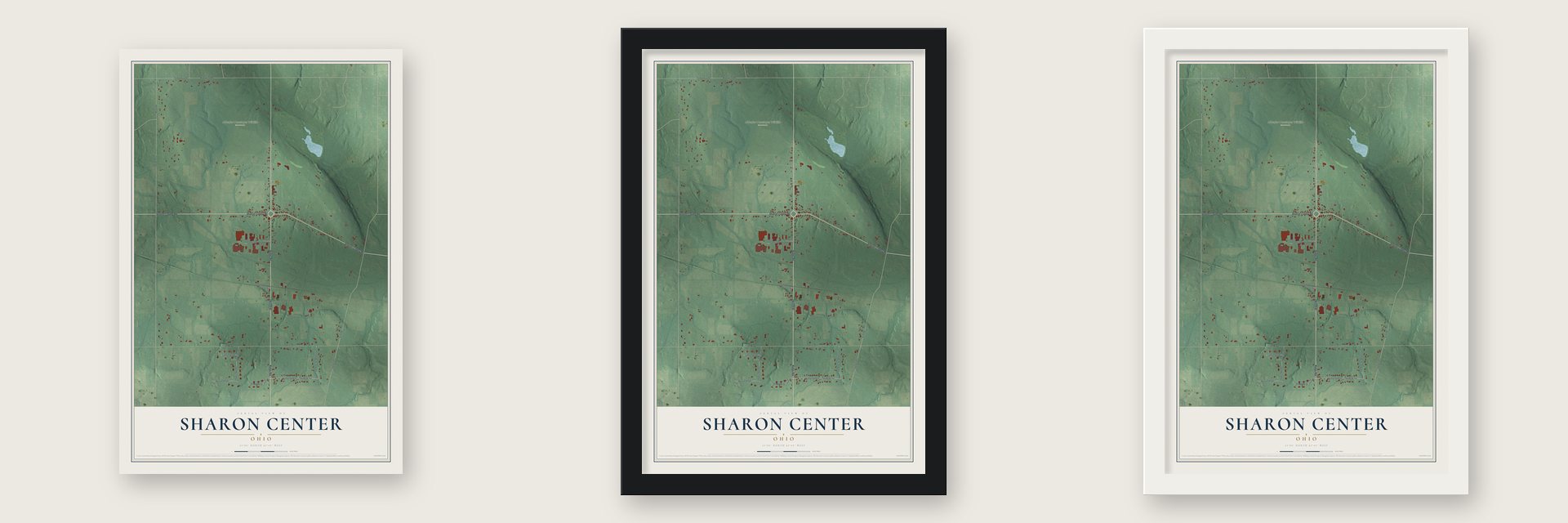 Sharon Center, Ohio map unframed, in a black wood frame and in a white wood frame