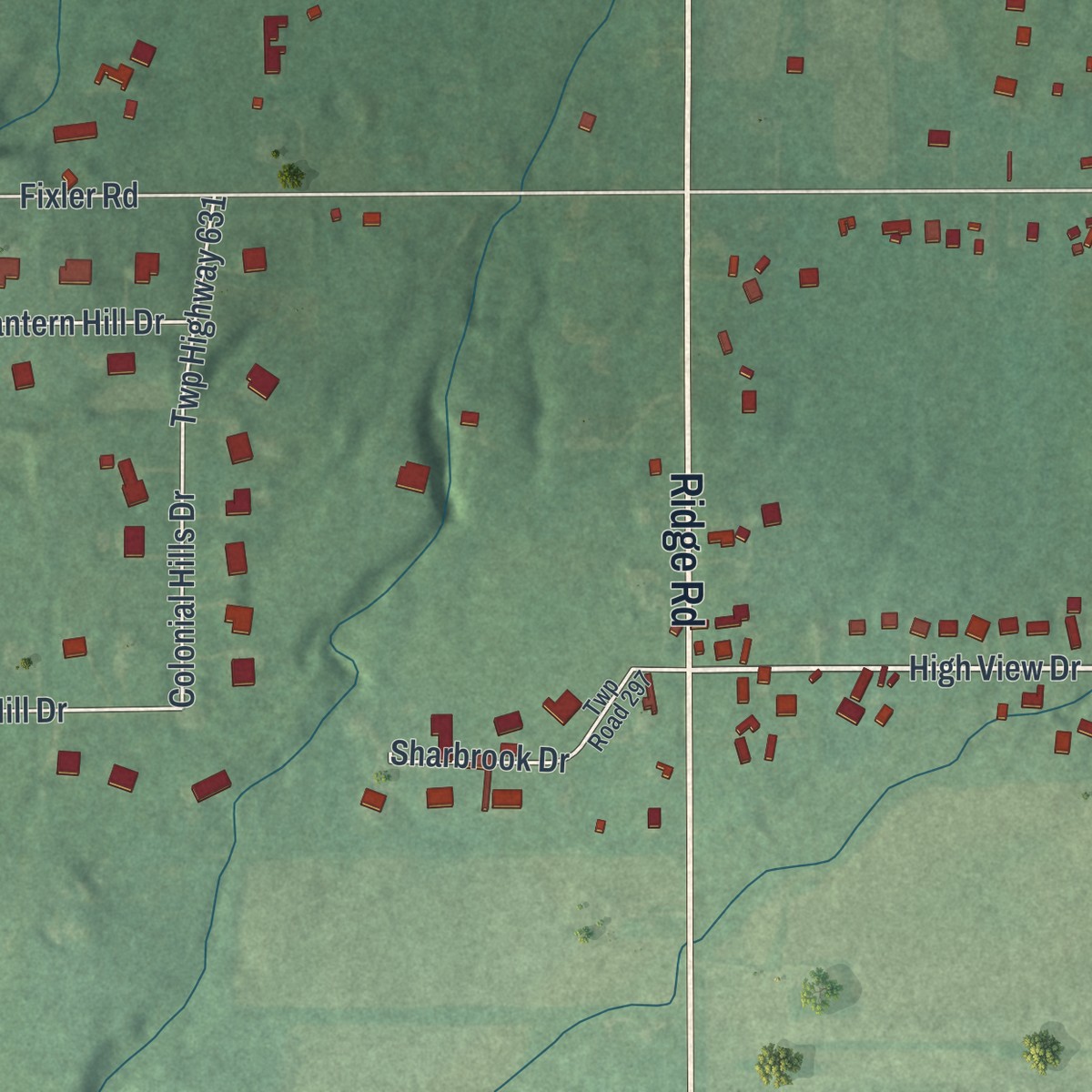 Second close-up of the map of Sharon Center, Ohio print showing more streets and buildings