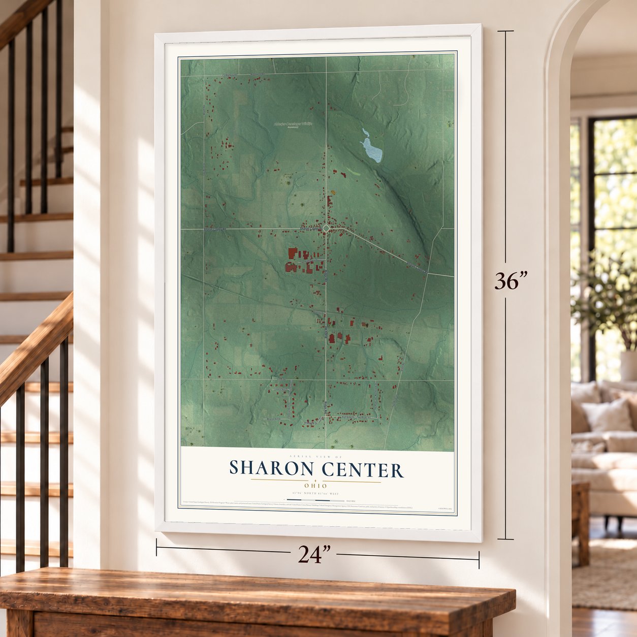 Sharon Center, Ohio map, 24 x 36 inch print in a white frame by a staircase