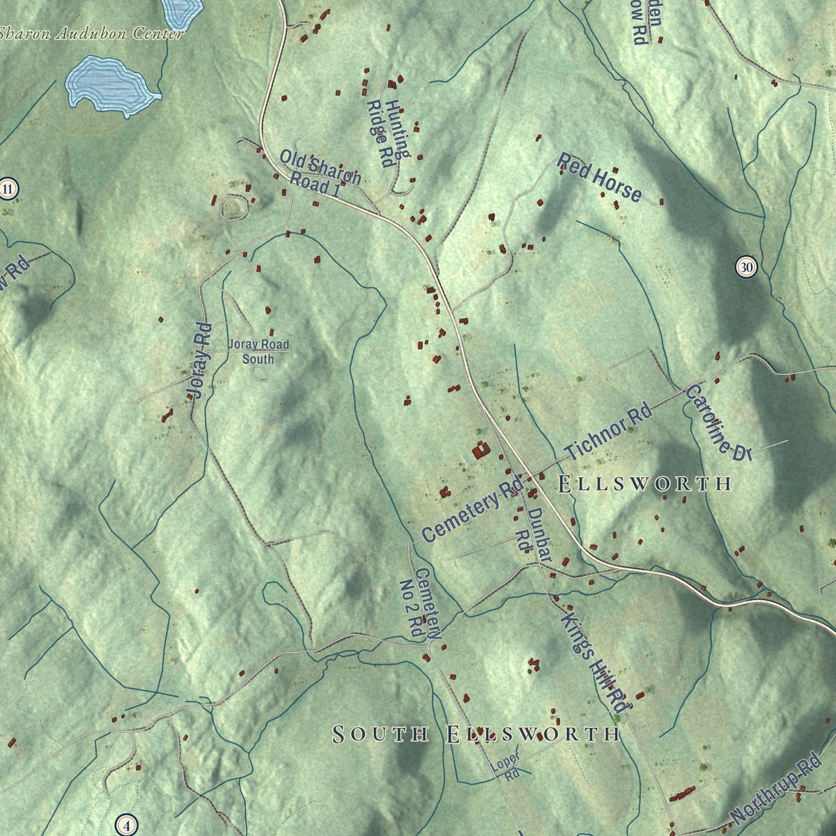 Second close-up of the map of Sharon, Connecticut print showing more streets and buildings