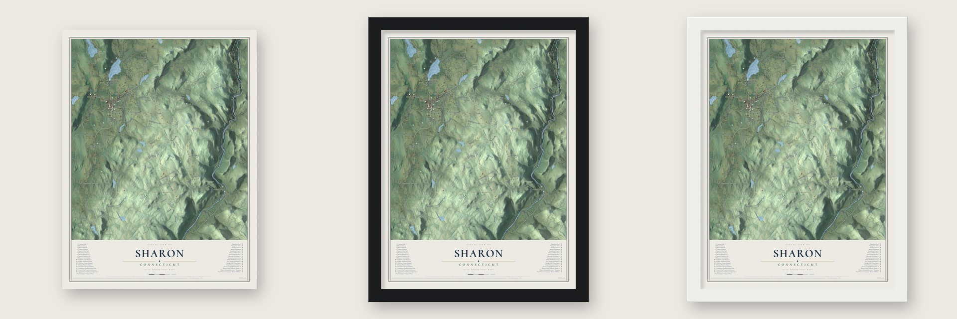 Sharon, Connecticut map unframed, in a black wood frame and in a white wood frame