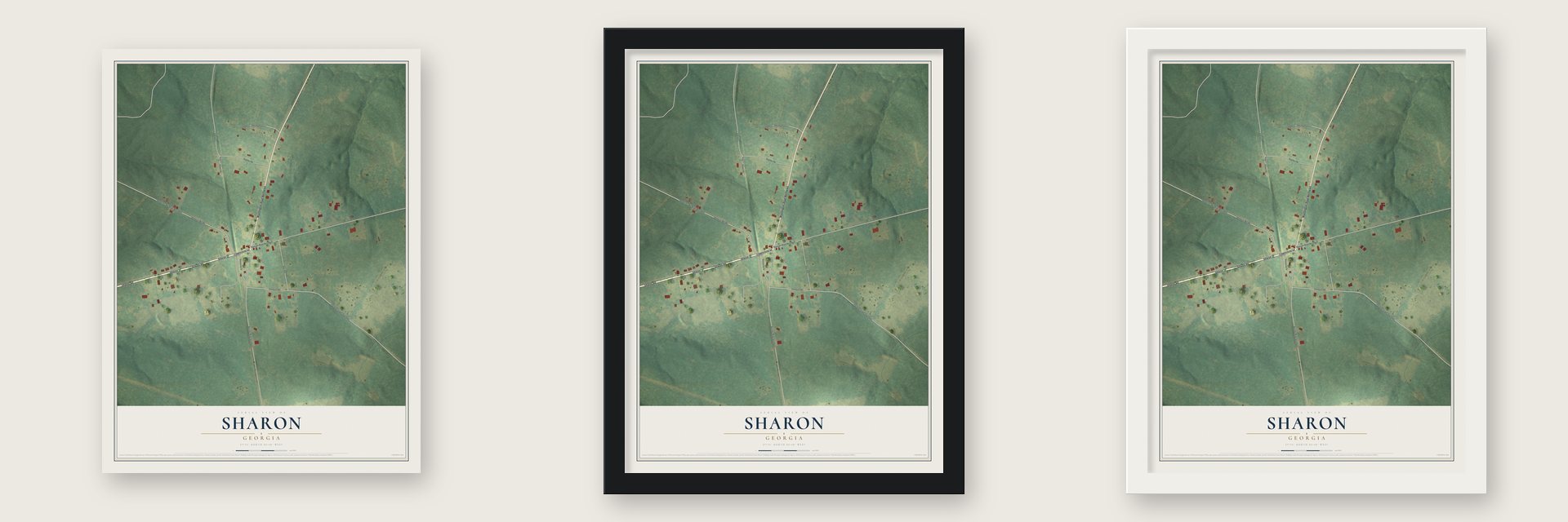 Sharon, Georgia map unframed, in a black wood frame and in a white wood frame