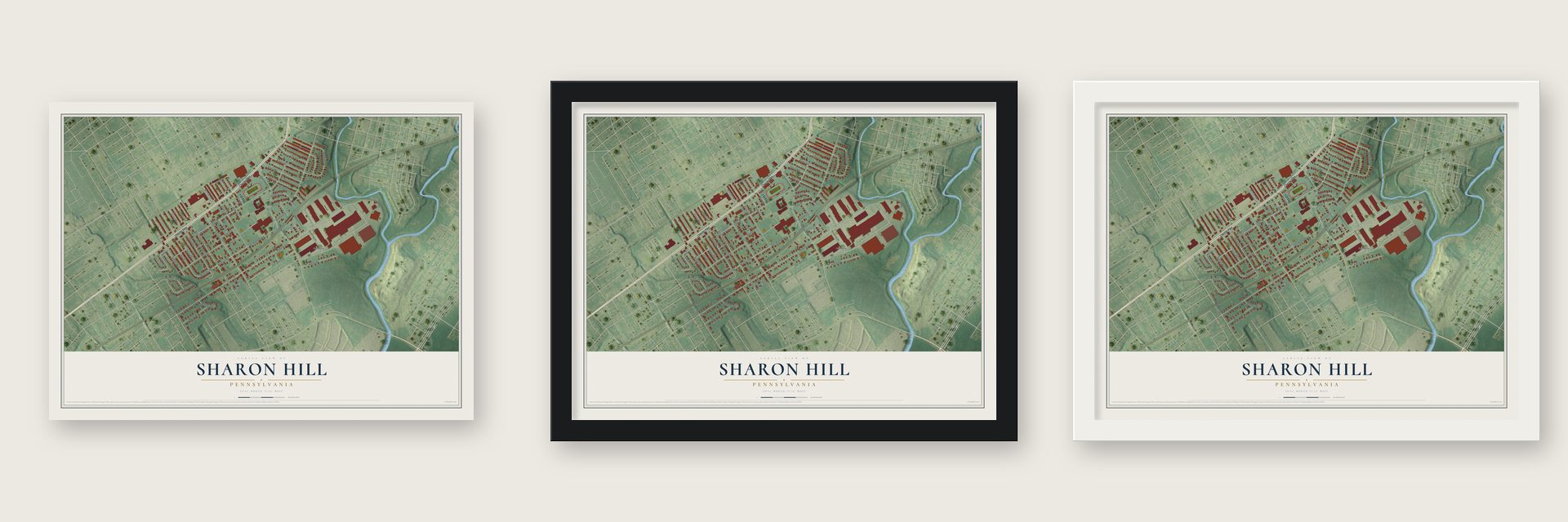 Sharon Hill, Pennsylvania map unframed, in a black wood frame and in a white wood frame