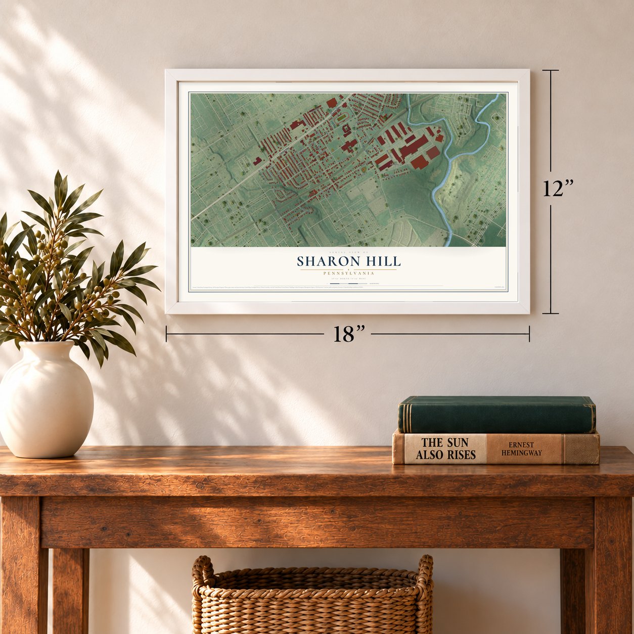 Sharon Hill, Pennsylvania map, 12 x 18 inch print in a white frame in an entryway