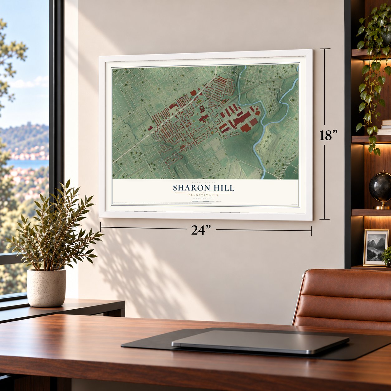 Sharon Hill, Pennsylvania map, 18 x 24 inch print in a white frame in a home office