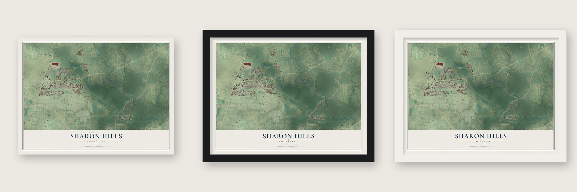 Sharon Hills, Louisiana map unframed, in a black wood frame and in a white wood frame