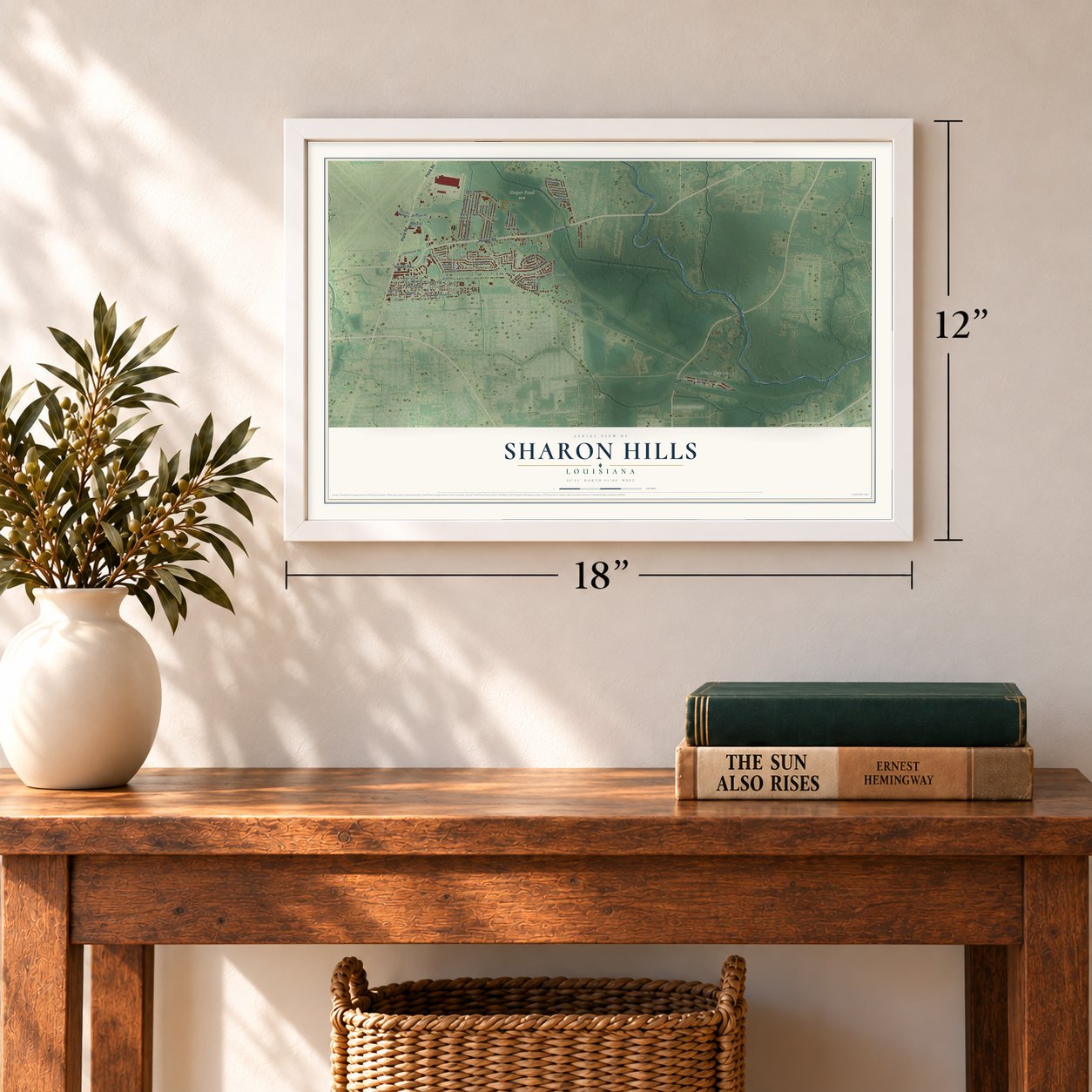 Sharon Hills, Louisiana map, 12 x 18 inch print in a white frame in an entryway