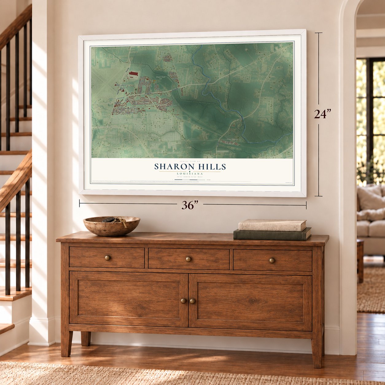 Sharon Hills, Louisiana map, 24 x 36 inch print in a white frame above a dresser by a staircase