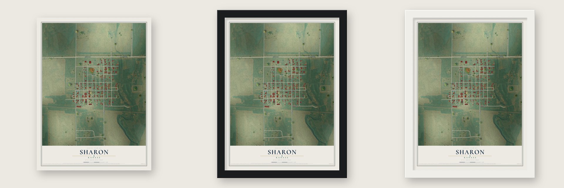 Sharon, Kansas map unframed, in a black wood frame and in a white wood frame