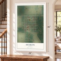 Sharon, Kansas map, 24 x 36 inch print in a white frame by a staircase