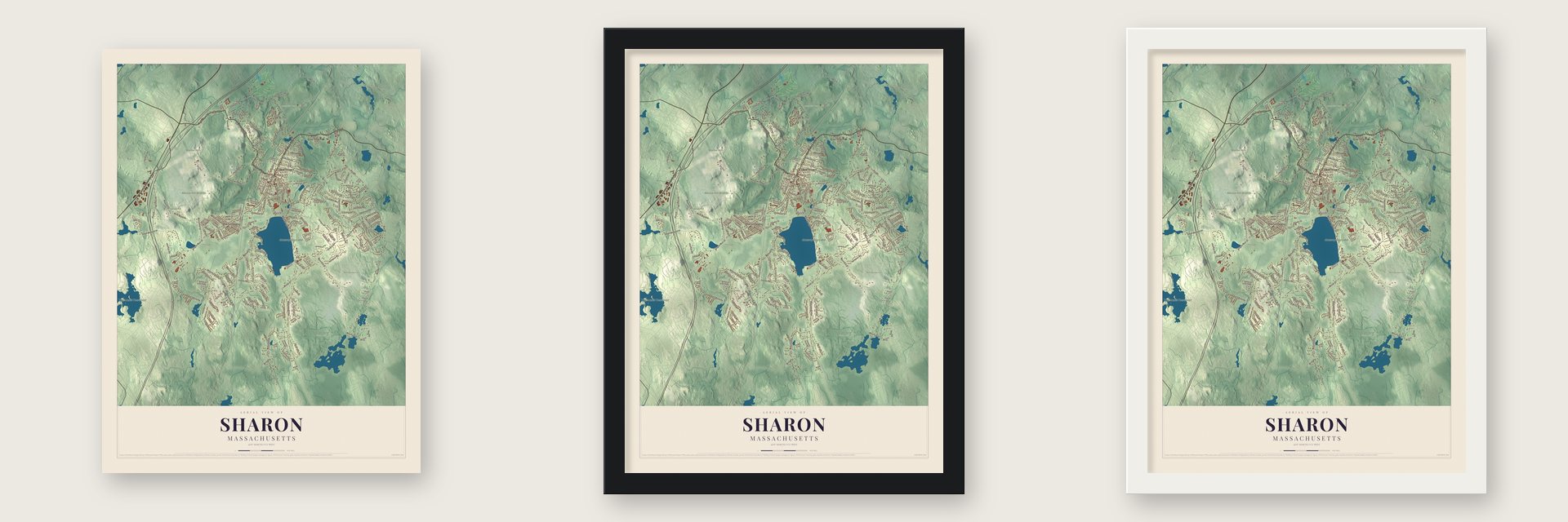 Sharon, Massachusetts map unframed, in a black wood frame and in a white wood frame
