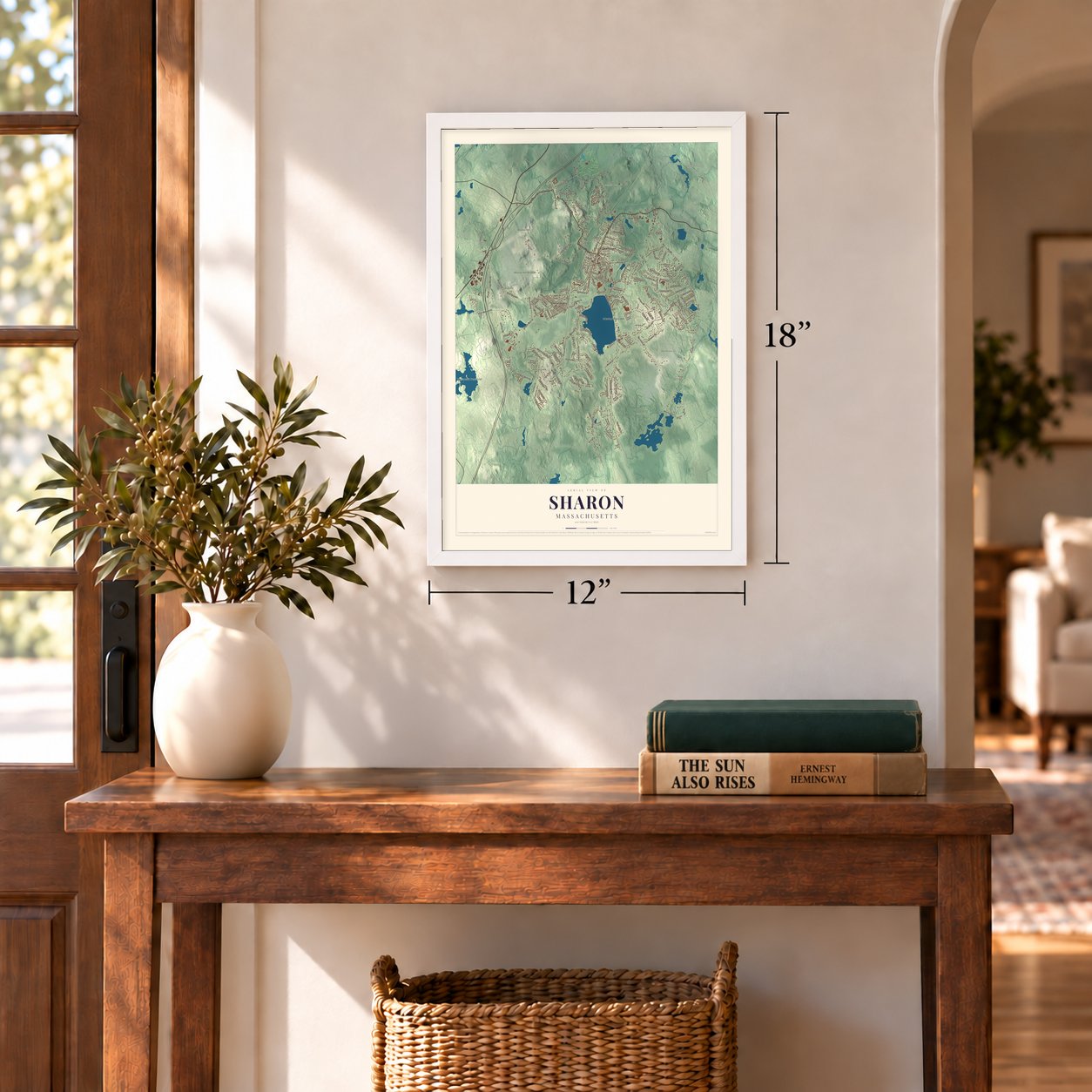Sharon, Massachusetts map, 12 x 18 inch print in a white frame in an entryway