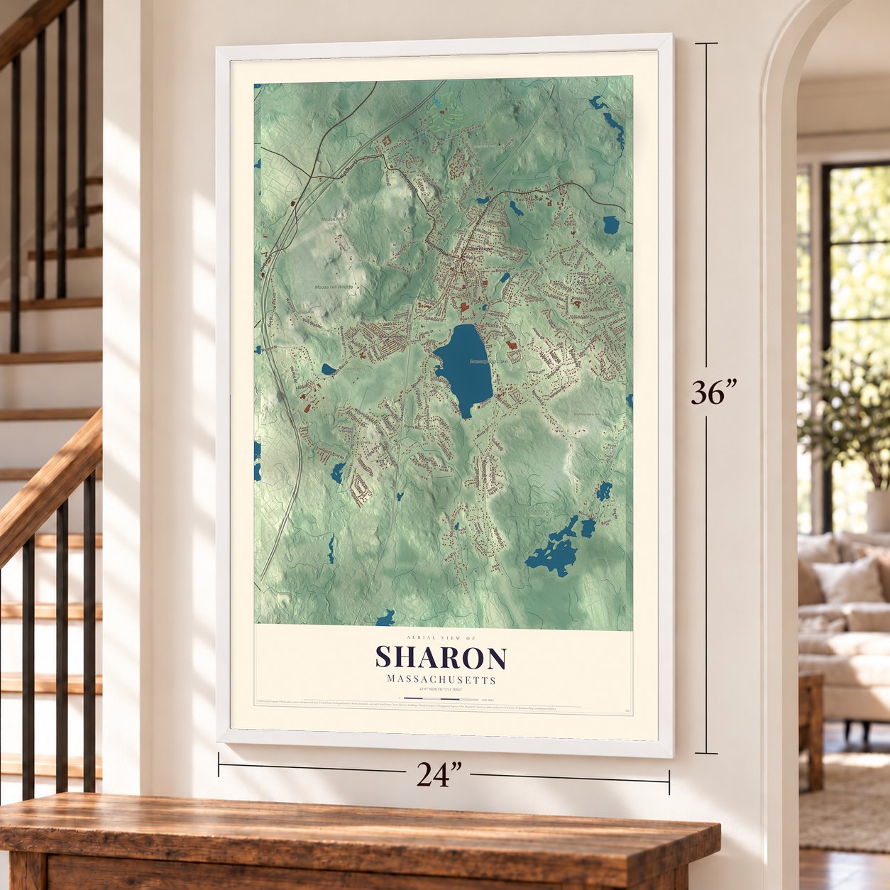 Sharon, Massachusetts map, 24 x 36 inch print in a white frame by a staircase