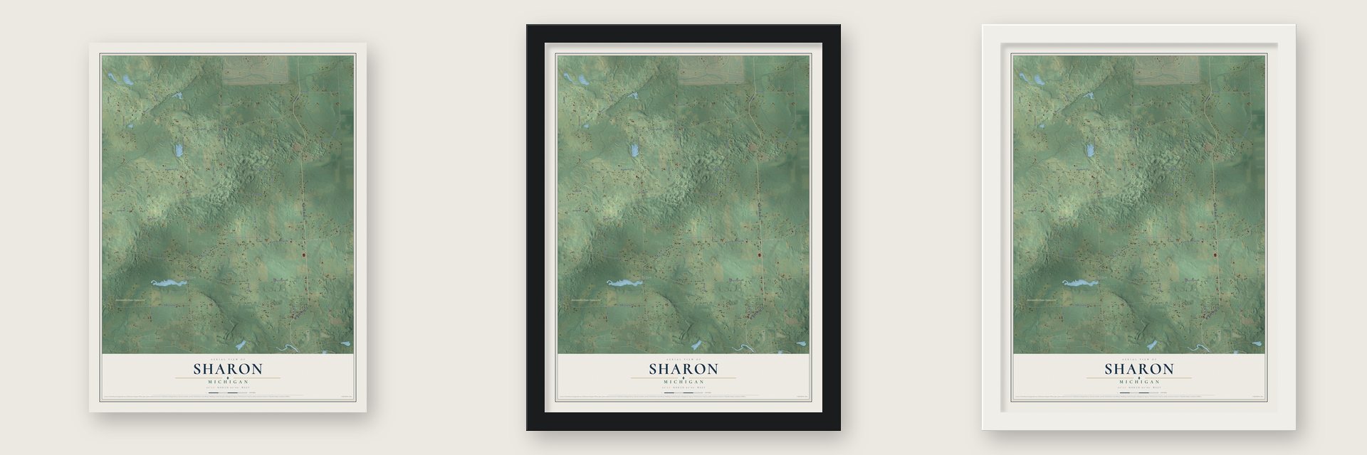 Sharon, Michigan map unframed, in a black wood frame and in a white wood frame