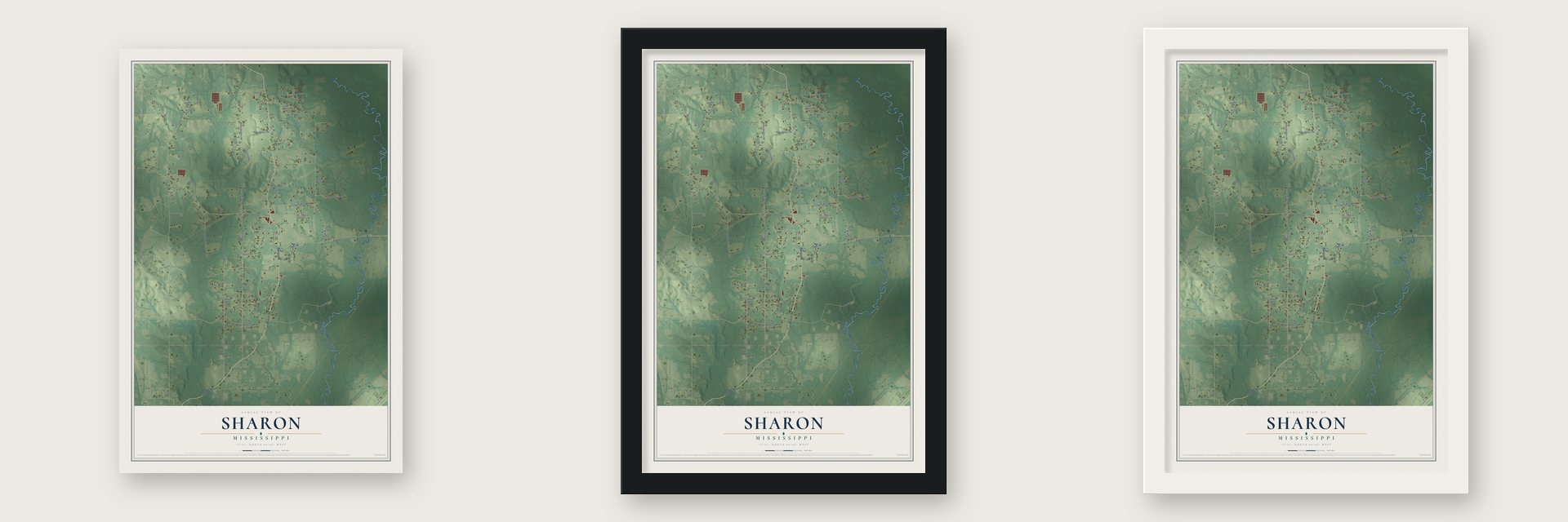 Sharon, Mississippi map unframed, in a black wood frame and in a white wood frame