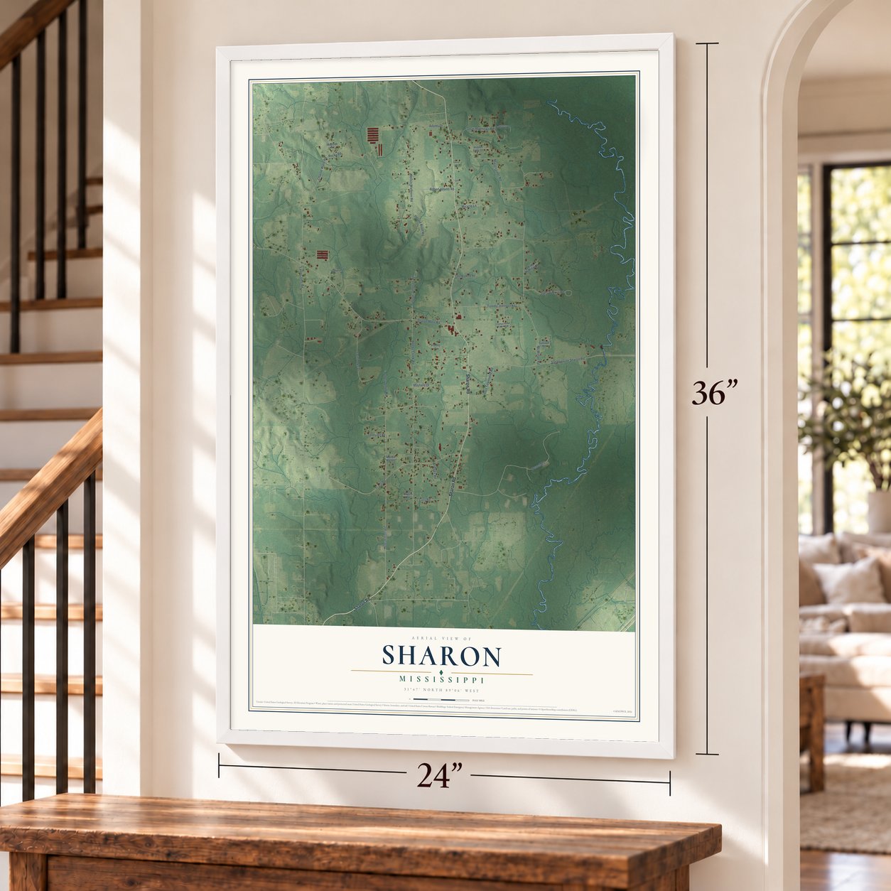 Sharon, Mississippi map, 24 x 36 inch print in a white frame by a staircase