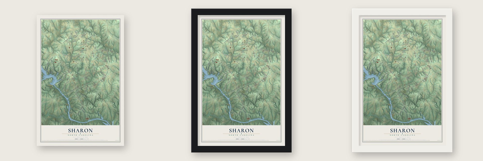Sharon, North Carolina map unframed, in a black wood frame and in a white wood frame