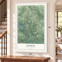 Sharon, North Carolina map, 24 x 36 inch print in a white frame by a staircase