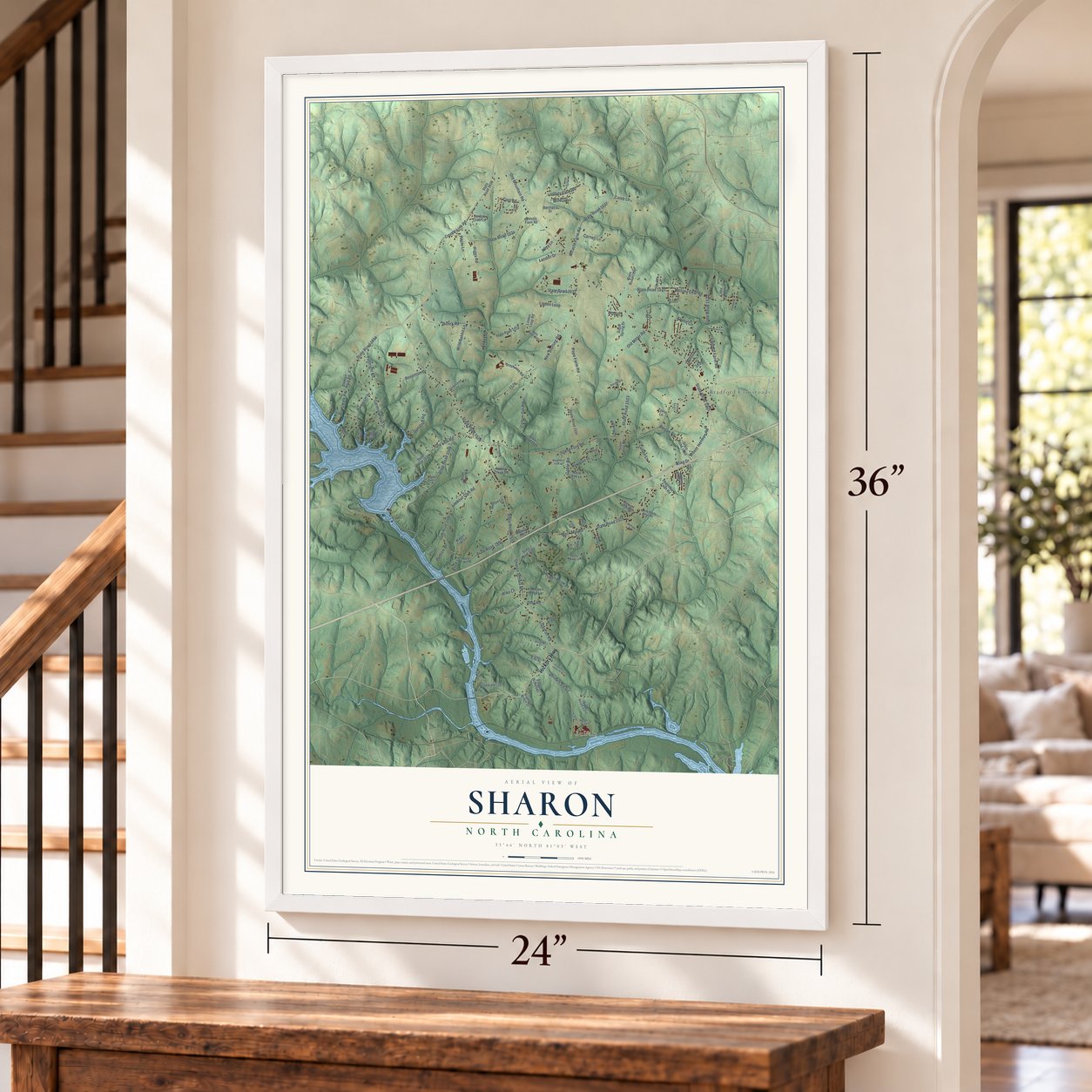 Sharon, North Carolina map, 24 x 36 inch print in a white frame by a staircase