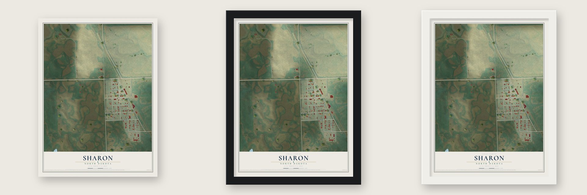 Sharon, North Dakota map unframed, in a black wood frame and in a white wood frame
