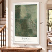 Sharon, North Dakota map, 24 x 36 inch print in a white frame by a staircase