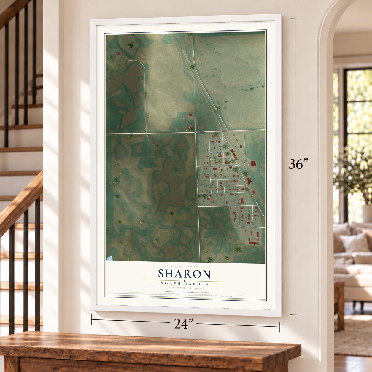 Sharon, North Dakota map, 24 x 36 inch print in a white frame by a staircase