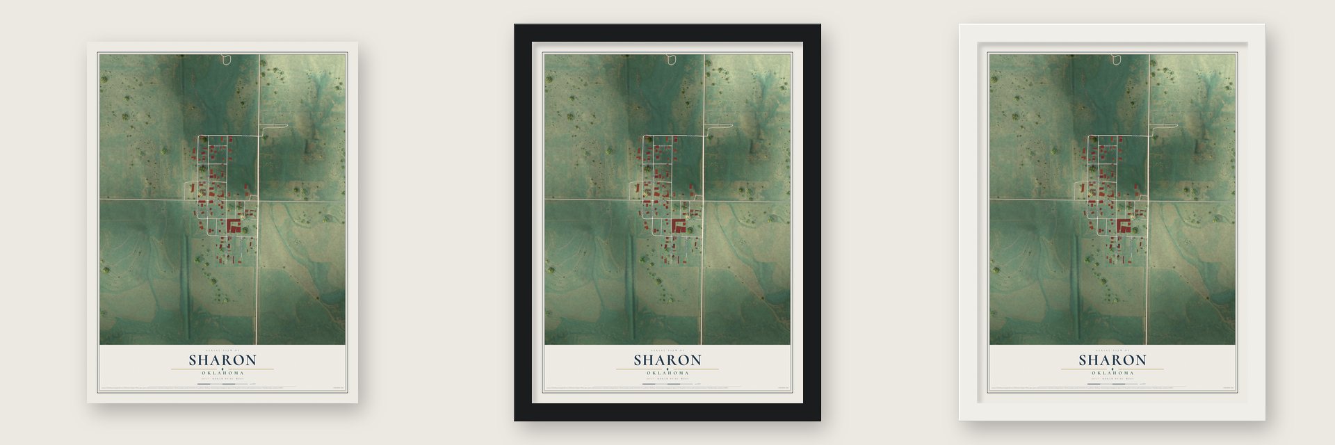 Sharon, Oklahoma map unframed, in a black wood frame and in a white wood frame