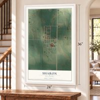 Sharon, Oklahoma map, 24 x 36 inch print in a white frame by a staircase