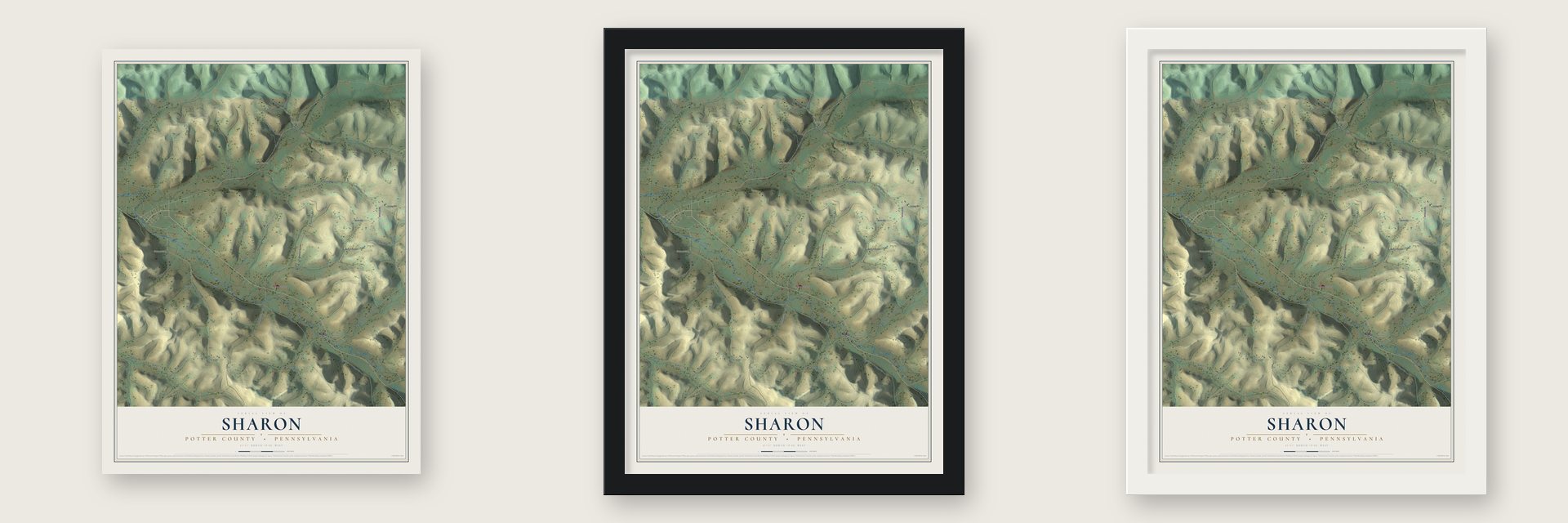 Sharon, Potter County, Pennsylvania map unframed, in a black wood frame and in a white wood frame