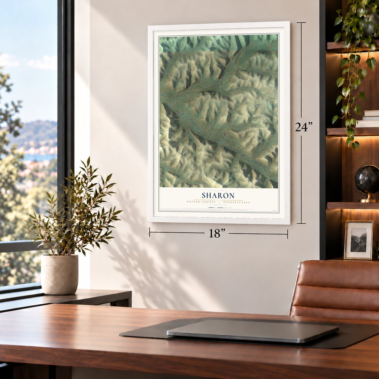 Sharon, Potter County, Pennsylvania map, 18 x 24 inch print in a white frame in a home office