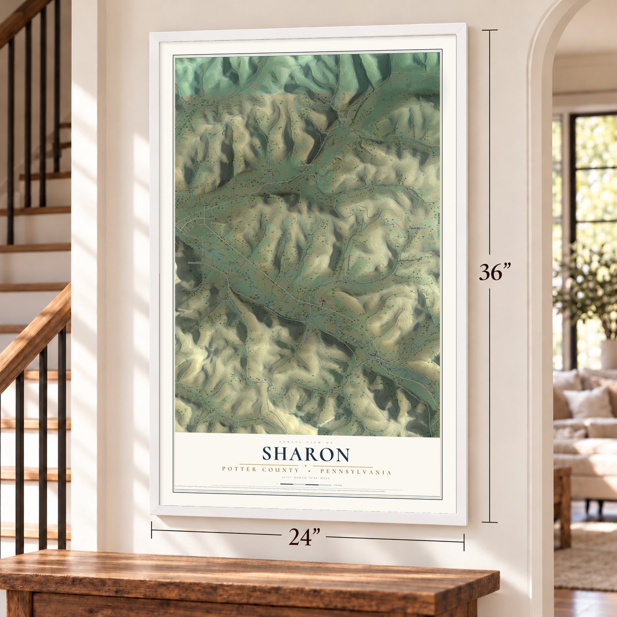 Sharon, Potter County, Pennsylvania map, 24 x 36 inch print in a white frame by a staircase