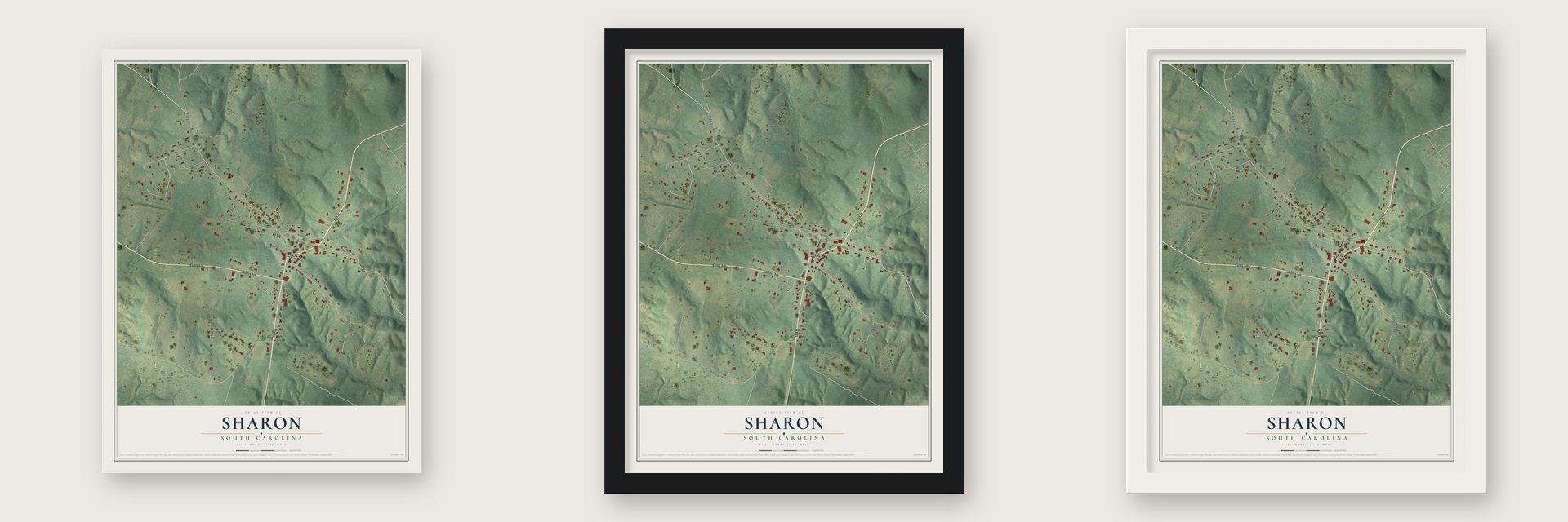 Sharon, South Carolina map unframed, in a black wood frame and in a white wood frame