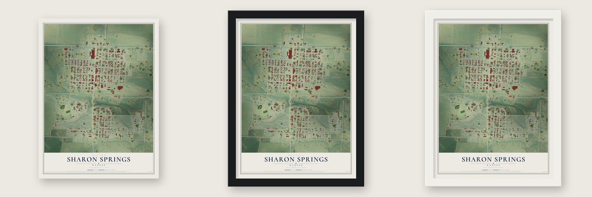 Sharon Springs, Kansas map unframed, in a black wood frame and in a white wood frame