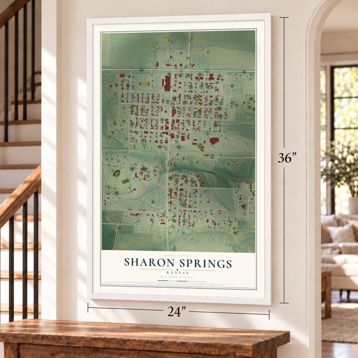 Sharon Springs, Kansas map, 24 x 36 inch print in a white frame by a staircase