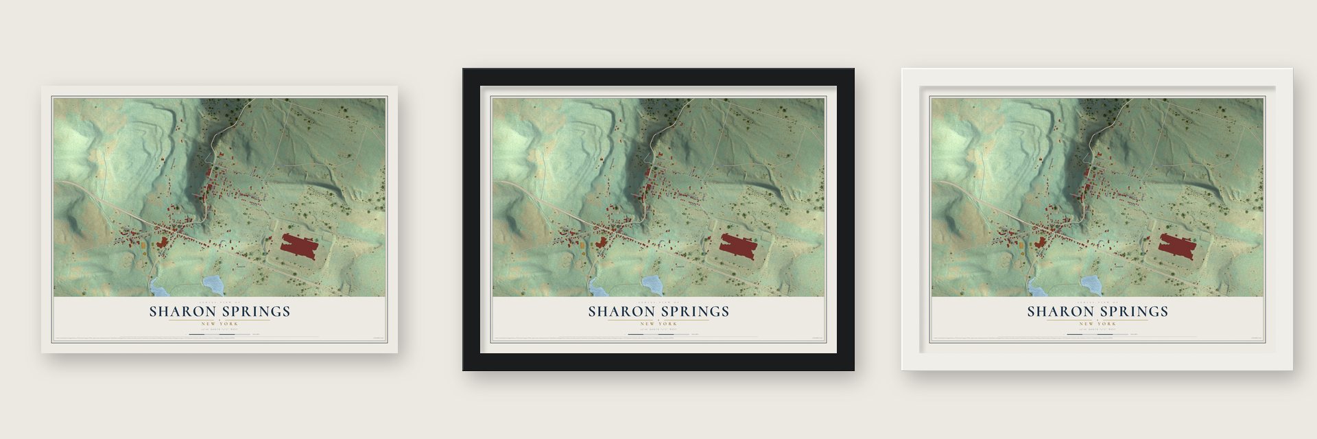 Sharon Springs, New York map unframed, in a black wood frame and in a white wood frame