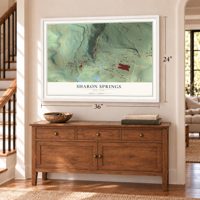 Sharon Springs, New York map, 24 x 36 inch print in a white frame above a dresser by a staircase
