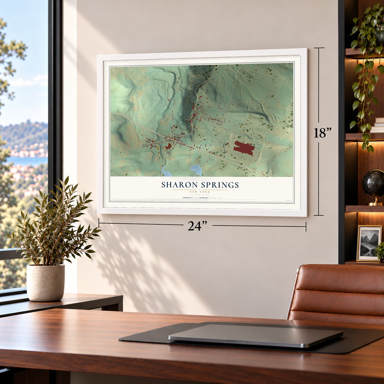 Sharon Springs, New York map, 18 x 24 inch print in a white frame in a home office