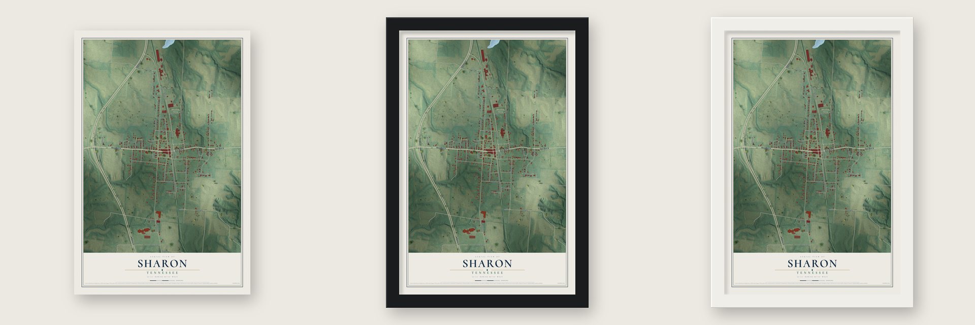 Sharon, Tennessee map unframed, in a black wood frame and in a white wood frame