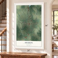 Sharon, Tennessee map, 24 x 36 inch print in a white frame by a staircase